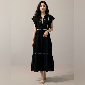 Chic Black Midi Dress with White Accents